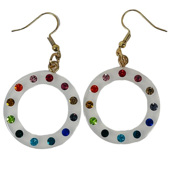 Rainbow Round translucent resin hoops with rhinestones earrings NEW - Picture 1 of 7